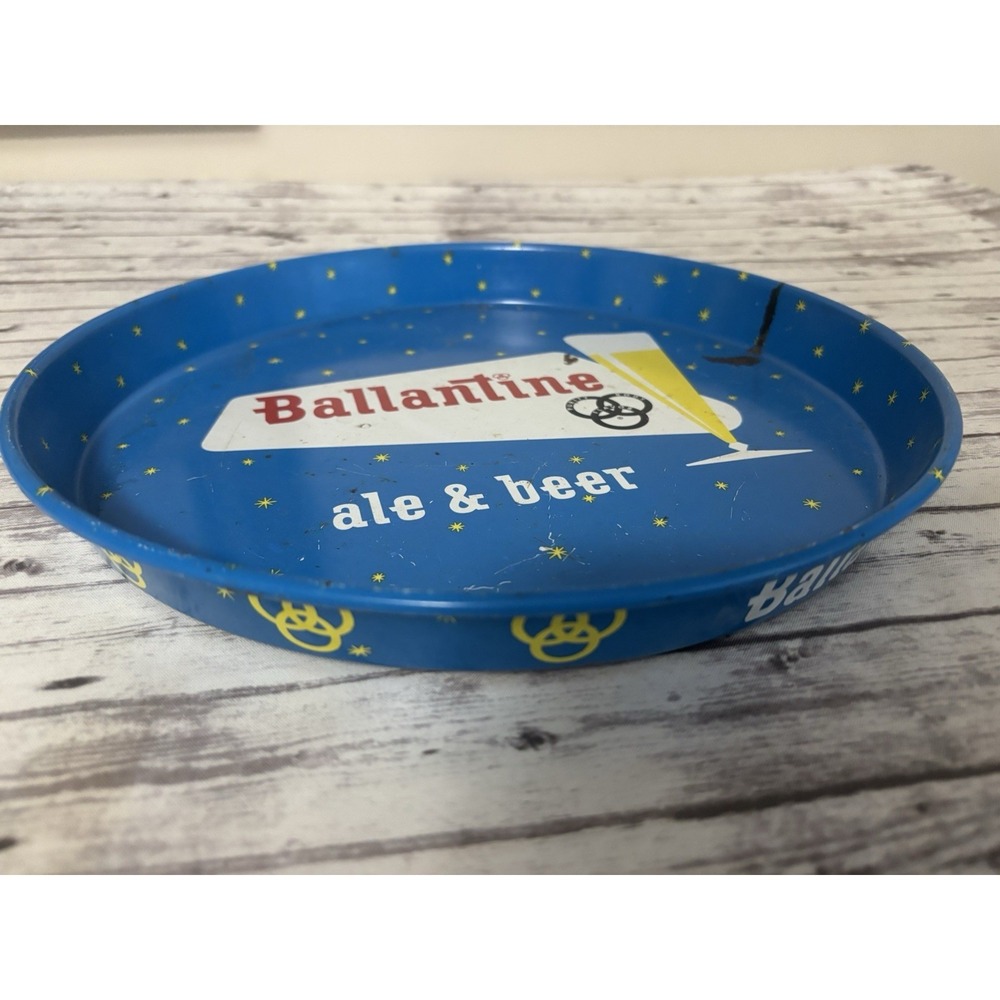 VTG Ballantine Ale & Beer Tray 12" Blue Metal Serving Tray Double Sided